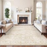 8x10 Washable Area Rugs for Living Room, Vintage Floral Non-Slip Low Pile Natural Rug Soft Throw Large Carpet for Dining Room Bedroom Home Office (Beige, 8'x10')