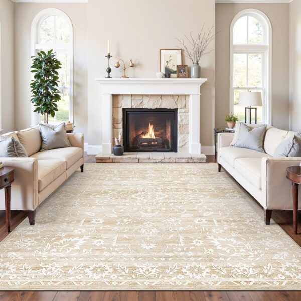 8x10 Washable Area Rugs for Living Room, Vintage Floral Non-Slip Low Pile Natural Rug Soft Throw Large Carpet for Dining Room Bedroom Home Office (Beige, 8'x10')
