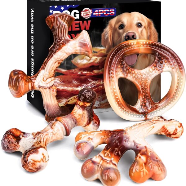 4-Pack Dog Chew Toys for Aggressive Chewers, Indestructible Nylon Bones with Bacon Flavor, Tough Durable Teeth Cleaning Chew Dog Toy for Large Medium Small Breeds