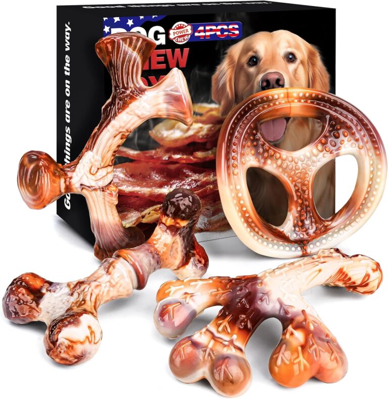 4-Pack Dog Chew Toys for Aggressive Chewers, Indestructible Nylon Bones with Bacon Flavor, Tough Durable Teeth Cleaning Chew Dog Toy for Large Medium Small Breeds