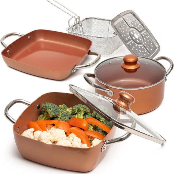 Moss & Stone 7 Pcs Copper Chef Cookware Non Stick Deep Frying Pan 9.5" x 3.5", Fry Basket, Dishwasher & Oven Safe, 5 Qt Deep Square Pot, Non Stick Pan & Round Pot, Induction Copper Cookware Set
