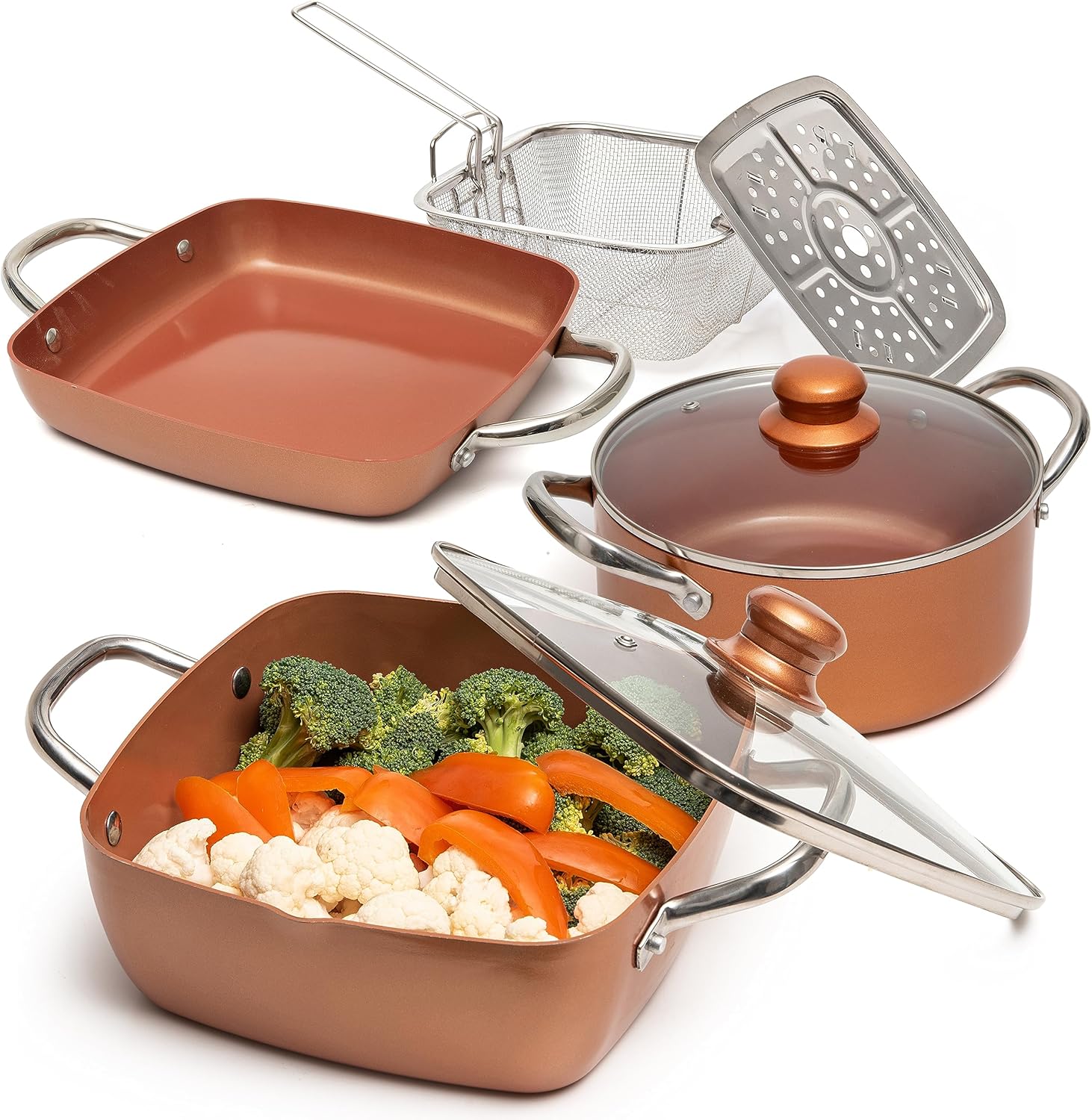 Moss & Stone 7 Pcs Copper Chef Cookware Non Stick Deep Frying Pan 9.5" x 3.5", Fry Basket, Dishwasher & Oven Safe, 5 Qt Deep Square Pot, Non Stick Pan & Round Pot, Induction Copper Cookware Set Moss & Stone 7 Pcs Copper Chef Cookware Non Stick Deep Frying Pan 9.5" x 3.5", Fry Basket, Dishwasher & Oven Safe, 5 Qt Deep Square Pot, Non Stick Pan & Round Pot, Induction Copper Cookware Set