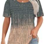 OFEEFAN Womens T Shirts Short Sleeve Tops Dressy Casual Blouses Spring Summer Outfits Flowy Pleated Front Scooped Neck