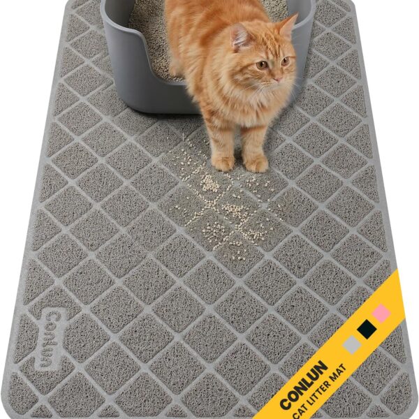 Cat Litter Mat Litter Trapping Mat, Premium Durable PVC Grid Mesh with Scatter Control, Non-slip, Less Waste Cat Litter Box Mat, Soft on Kittys Paws, Urine Waterproof, 24" x 17" Grey
