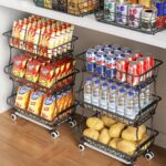 3-Tier Rolling Pantry Floor Organizer and Storage Cart with Wheels, Stackable Wire Pantry Baskets for Pantry Shelves, Kitchen Fruit Basket Stand and Storage Rack for Fruit Snack Onion Potato