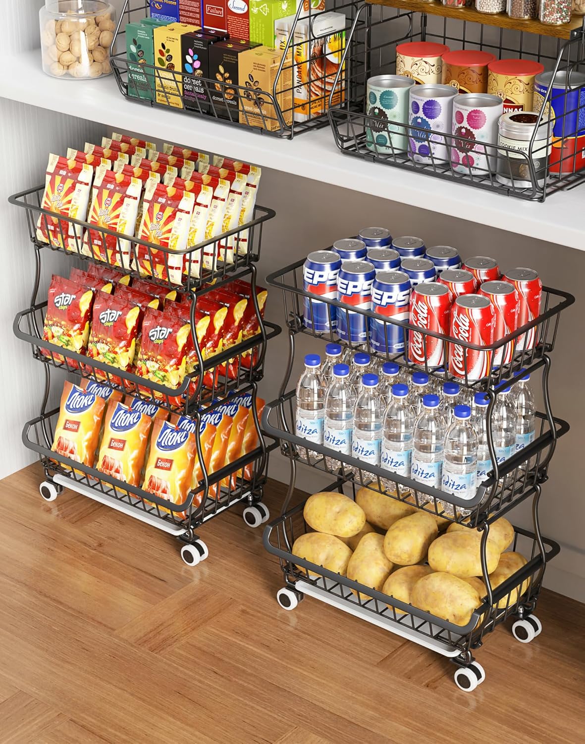 3-Tier Rolling Pantry Floor Organizer and Storage Cart with Wheels, Stackable Wire Pantry Baskets for Pantry Shelves, Kitchen Fruit Basket Stand and Storage Rack for Fruit Snack Onion Potato 3-Tier Rolling Pantry Floor Organizer and Storage Cart with Wheels, Stackable Wire Pantry Baskets for Pantry Shelves, Kitchen Fruit Basket Stand and Storage Rack for Fruit Snack Onion Potato