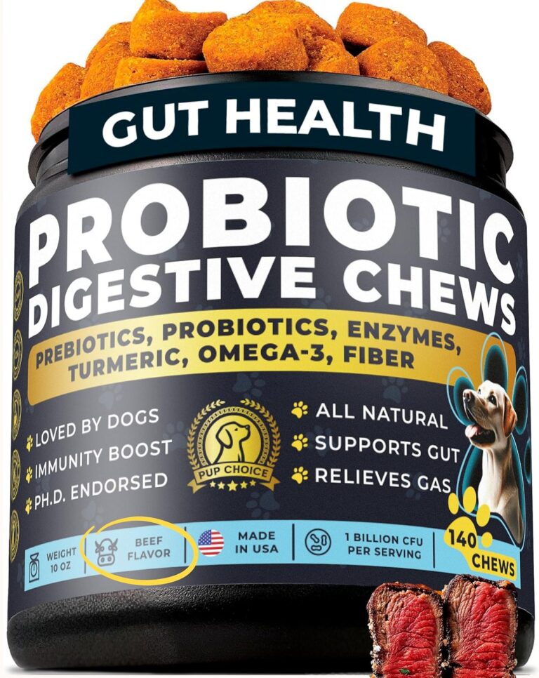 Chewable Dog Probiotics  All-in-One PhD-Endorsed Digestive Enzymes, Prebiotics, Turmeric, Omega-3 & Fiber  Gut, Diarrhea, Itchy Skin & Ear Support  All Ages, Made in USA, 140 Beef Chews