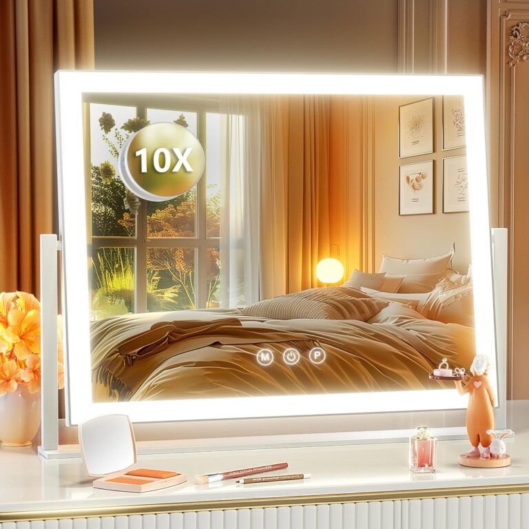 Lighted Makeup Mirror, 17.3"x13" Hollywood Vanity Mirror with Led Lights, Three Color Lighting Modes, and 10X Magnification Mirror, Smart Touch Control, 360Rotation (White, Gift Box)