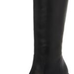 SOVANYOU Black Leather Boots Platform Boots for Women Fashion Square Toe Chunky Block Heeled Boots Side Zip