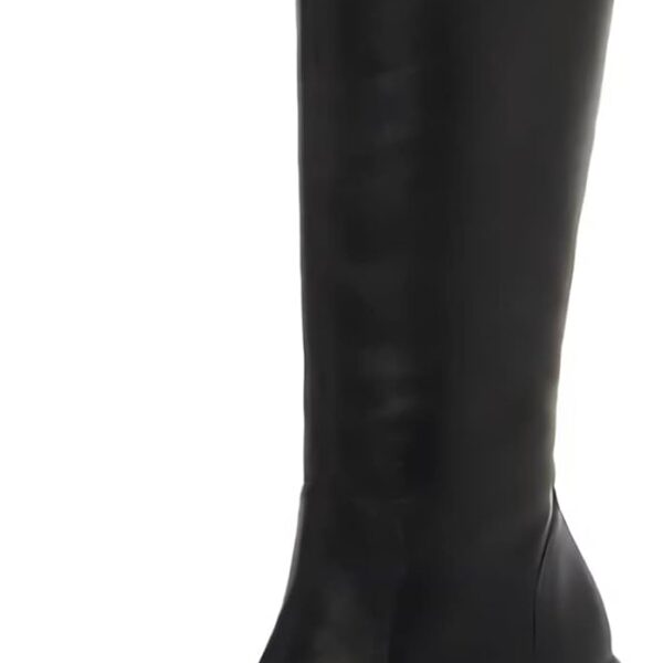 SOVANYOU Black Leather Boots Platform Boots for Women Fashion Square Toe Chunky Block Heeled Boots Side Zip