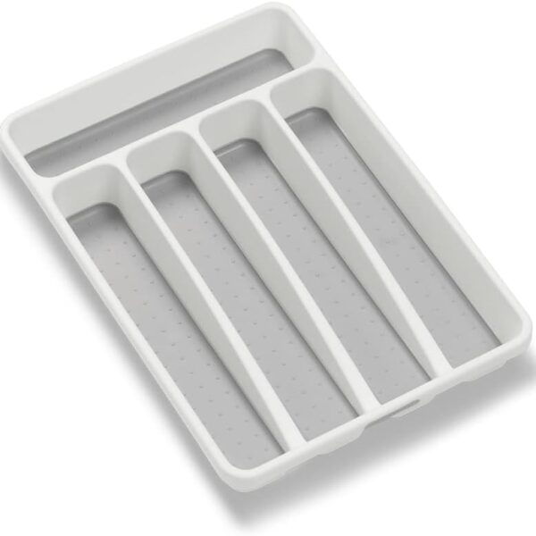madesmart Premium Small Silverware Tray, Compact 5 Compartment Flatware Organizer for Forks, Knives & Spoons, Non Slip, Soft Grip Lining, Fits Small Drawers, White