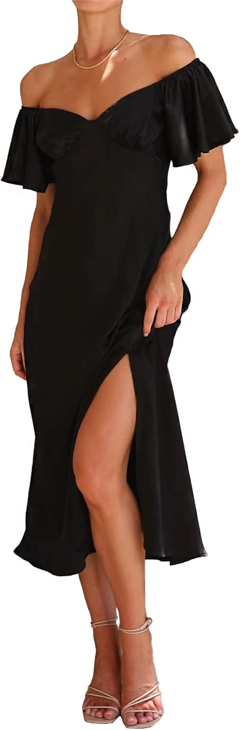 2025 Summer Women's Satin Off Shoulder Formal Dress Wedding Guest Elegant Butterfly Sleeve Split Cocktail Prom Midi Dresses 2025 Summer Women's Satin Off Shoulder Formal Dress Wedding Guest Elegant Butterfly Sleeve Split Cocktail Prom Midi Dresses