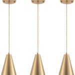 Gold Pendant Lights Kitchen Island,Dining Room Light Fixtures Over Table 3 Pack with Brushed Brass Cone Metal Shade, Modern Farmhouse Mini Chandeliers,Adjustable Cord Hanging Lighting for Bar,Sink
