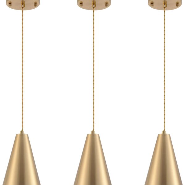 Gold Pendant Lights Kitchen Island,Dining Room Light Fixtures Over Table 3 Pack with Brushed Brass Cone Metal Shade, Modern Farmhouse Mini Chandeliers,Adjustable Cord Hanging Lighting for Bar,Sink