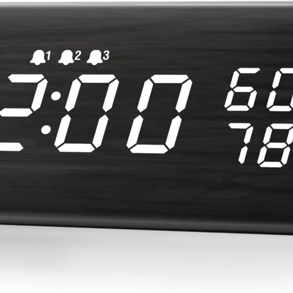 Digital Alarm Clock, with Wooden Electronic LED Time Display, 3 Alarm Settings, Humidity & Temperature Detect, Wood Made Electric Clocks for Bedroom, Bedside (Black)