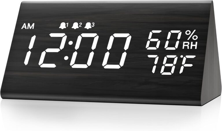 Digital Alarm Clock, with Wooden Electronic LED Time Display, 3 Alarm Settings, Humidity & Temperature Detect, Wood Made Electric Clocks for Bedroom, Bedside (Black)