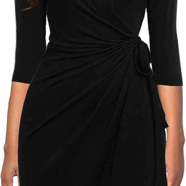 Berydress Women's Classic 3/4 Sleeve V Neck Sheath Casual Party Work Faux Black Wrap Dress