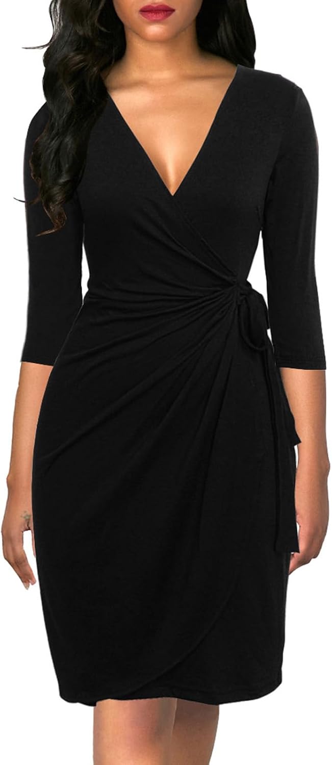 Berydress Women's Classic 3/4 Sleeve V Neck Sheath Casual Party Work Faux Black Wrap Dress Berydress Women's Classic 3/4 Sleeve V Neck Sheath Casual Party Work Faux Black Wrap Dress