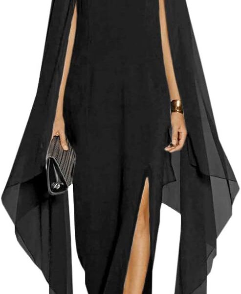 MAYFASEY Women's Elegant High Split Flare Sleeve Formal Evening Gowns Maxi Dress with Cape