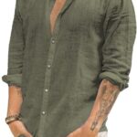 Makkrom Men Linen Shirt Button Down Long Sleeve Cotton Beach Band Collar Casual Summer Shirts
