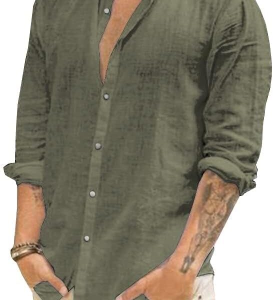Makkrom Men Linen Shirt Button Down Long Sleeve Cotton Beach Band Collar Casual Summer Shirts
