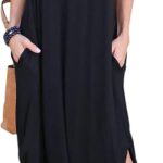HUSKARY Women's Summer Maxi Dress Casual Loose Pockets Long Dress Short Sleeve Split Maxi Dresses