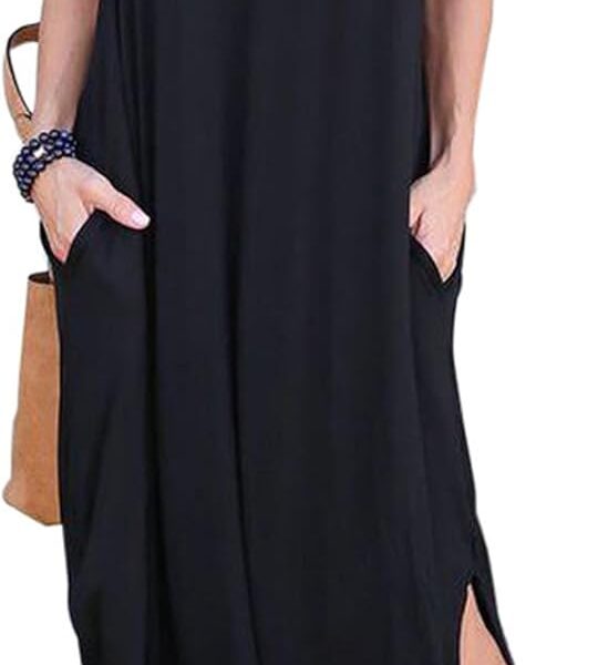 HUSKARY Women's Summer Maxi Dress Casual Loose Pockets Long Dress Short Sleeve Split Maxi Dresses