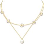 OGD Gold Pearl Necklaces Set for Women 14K Gold Plated Dainty Layered Pearl Cute Daisy Pearl Choker Gold Necklace Gifts for Women Gold Trendy Jewelry Gifts