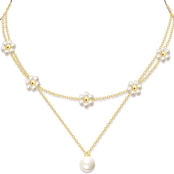 OGD Gold Pearl Necklaces Set for Women 14K Gold Plated Dainty Layered Pearl Cute Daisy Pearl Choker Gold Necklace Gifts for Women Gold Trendy Jewelry Gifts
