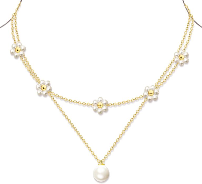 OGD Gold Pearl Necklaces Set for Women 14K Gold Plated Dainty Layered Pearl Cute Daisy Pearl Choker Gold Necklace Gifts for Women Gold Trendy Jewelry Gifts