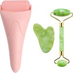 AECW 3-in-1 Natural Jade Roller and Gua Sha Set for Face and Eye Ice Roller Facial Cooling Massage Roller