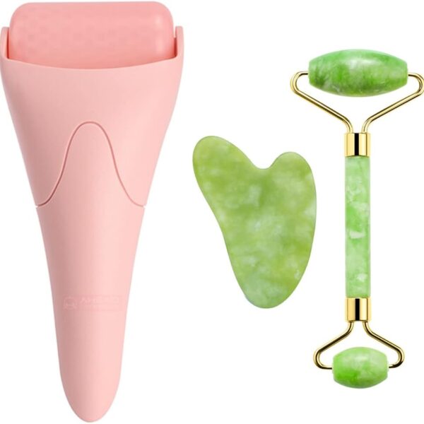 AECW 3-in-1 Natural Jade Roller and Gua Sha Set for Face and Eye Ice Roller Facial Cooling Massage Roller