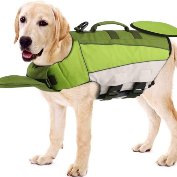 EMUST Life Jacket for Dogs, Adjustable Dog Life Vest for Swimming & Boating, Pet Safety Vest with Durable Rescue Handle and Reflective Stripes, Green, XL