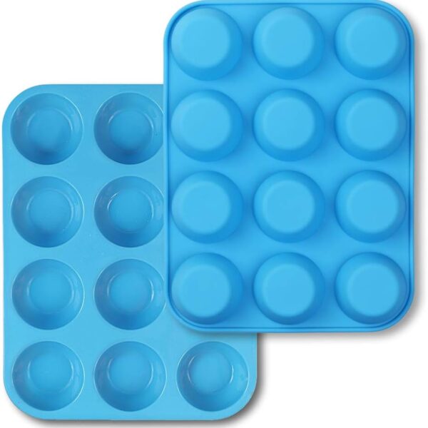 homEdge 12-Cup Silicone Muffin Pan, Pack of 2 Non-Stick Muffin Molds, Baking Pan for Cupcake, Tarts, Egg Bites-Blue