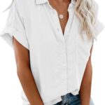 Womens Short Sleeve Casual Button Down Shirts Summer Soft Fashion Cotton Blouses Tops with Pocket
