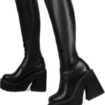 AMINUGAL Womens Elastic Knee High Platform Chunky Block High Heel Sock Boots Zipper Round Toe Fashion Motorcycle Combat Punk Boots For Women
