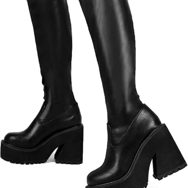 AMINUGAL Womens Elastic Knee High Platform Chunky Block High Heel Sock Boots Zipper Round Toe Fashion Motorcycle Combat Punk Boots For Women