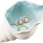 NBEADS Conch Shape Ceramic Jewelry Tray, Aqua Shell Trinket Dish Ceramic Ring Earring Holder Ocean-themed Decorative Trinket Plate for Rings Earrings Necklaces Bracelet Jewelry Watch Keys