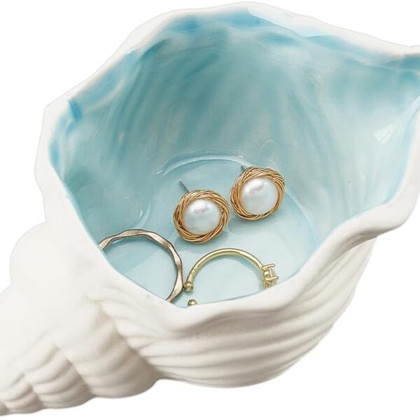 NBEADS Conch Shape Ceramic Jewelry Tray, Aqua Shell Trinket Dish Ceramic Ring Earring Holder Ocean-themed Decorative Trinket Plate for Rings Earrings Necklaces Bracelet Jewelry Watch Keys