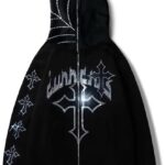 Rhinestone Hoodie Men Women Letter Graphic Gothic Hoodie Print Sweatshirt Full Zip Up Oversized Jacket