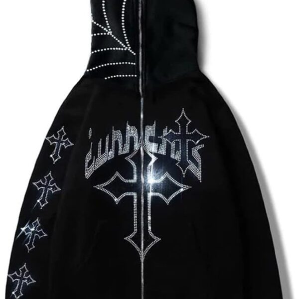Rhinestone Hoodie Men Women Letter Graphic Gothic Hoodie Print Sweatshirt Full Zip Up Oversized Jacket