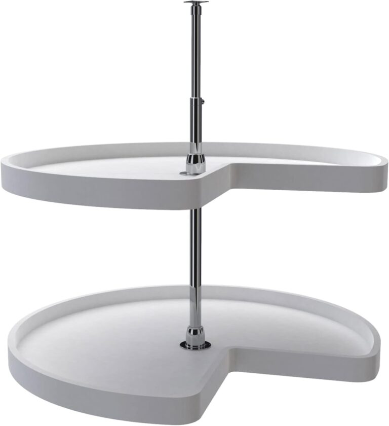 Rev-A-Shelf 32" Kidney Shaped Dual Tier Lazy Susan Organizer for Corner Base Kitchen Cabinets, Plastic Home Storage Shelves, White, 6472-32-11-52