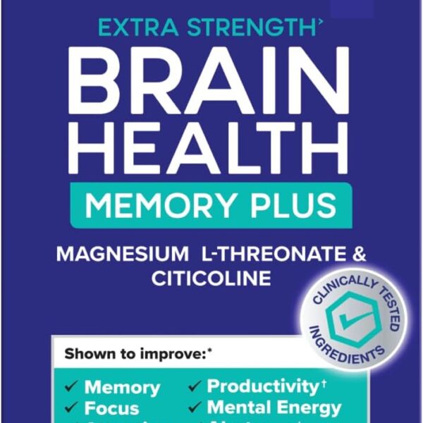 Qunol Brain Health Memory Plus, Magnesium L-Threonate & Citicoline, Clinically Tested Ingredients to Improve Memory, Focus, Attention and Productivity, 60 Count (Pack of 1)