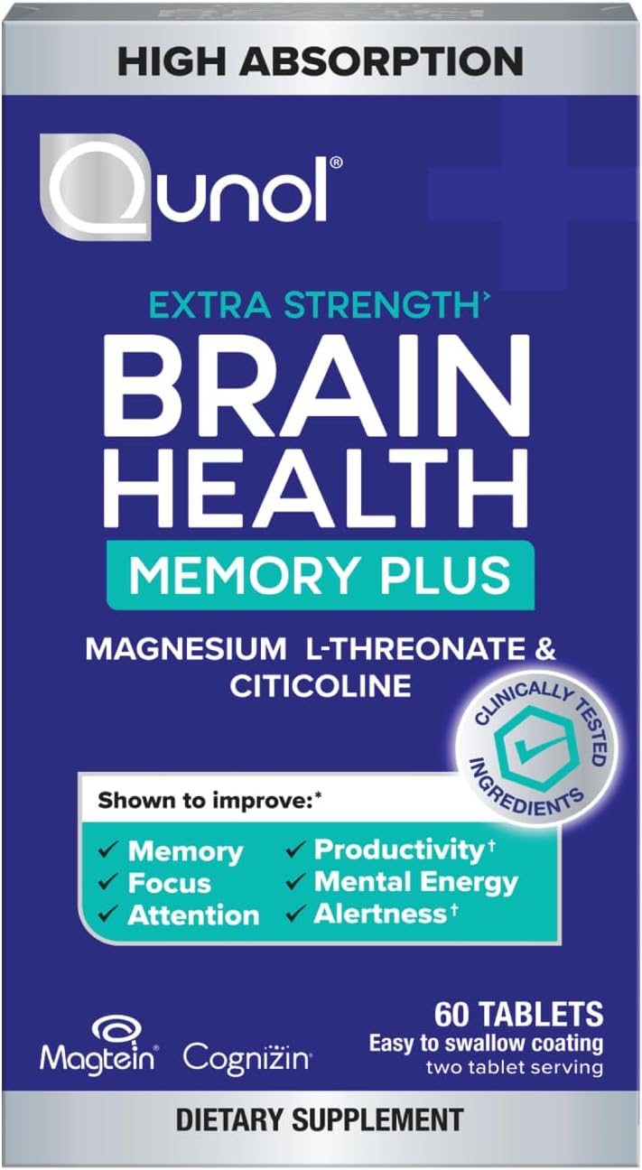Qunol Brain Health Memory Plus, Magnesium L-Threonate & Citicoline, Clinically Tested Ingredients to Improve Memory, Focus, Attention and Productivity, 60 Count (Pack of 1) Qunol Brain Health Memory Plus, Magnesium L-Threonate & Citicoline, Clinically Tested Ingredients to Improve Memory, Focus, Attention and Productivity, 60 Count (Pack of 1)