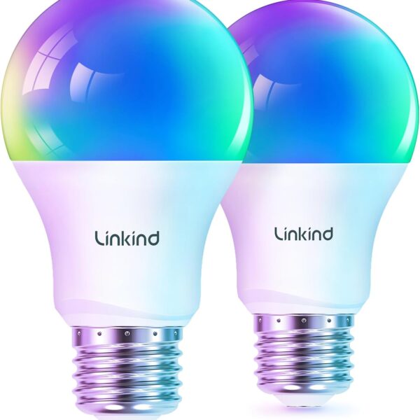 Linkind Matter Smart Light Bulb, Smart Bulbs Work with Apple Home/Siri/Alexa/Google Home/SmartThings, LED Color Changing Light Music Sync RGTBW, Smart Home, 60W 800LM A19 E26 2.4Ghz WiFi Only, 2 Pack