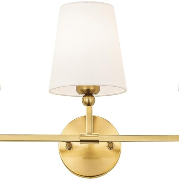 Bathroom Light Fixtures, Brushed Gold Vanity Lights with Flared White Fabric Shade, 3 Light Wall Sconce, Modern Sconces Wall Lighting for Hallway Bedroom, VL837-BG-3