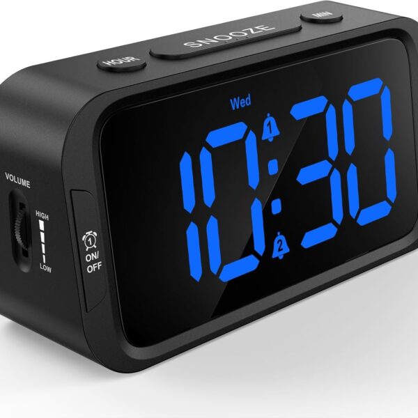 Odokee Digital Dual Alarm Clock for Bedroom, Easy to Set, 0-100% Dimmer, USB Charger, 5 Sounds Adjustable Volume, Weekday/Weekend Mode, Snooze, 12/24Hr, Battery Backup, Compact for Bedside(Blue)
