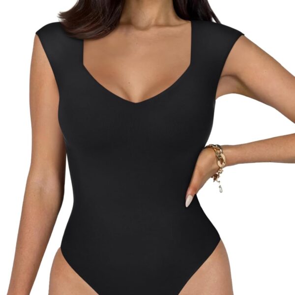 REORIA Butsmooth Women's Trendy Sexy Casual V Neck Double Lined Sleeveless Slimming Going Out Tank Top Bodysuits