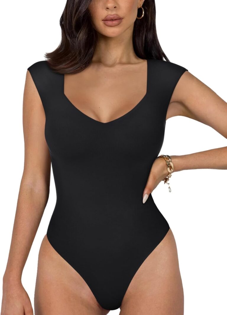 REORIA Butsmooth Women's Trendy Sexy Casual V Neck Double Lined Sleeveless Slimming Going Out Tank Top Bodysuits