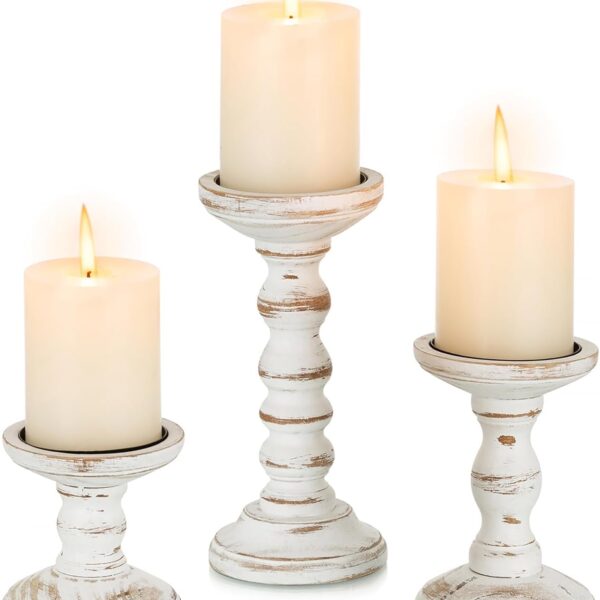 Romadedi Wood Candle Holders for Pillar Candles - Set of 3 Tall Farmhouse Wooden Candlestick Holder, Rustic Candle Stand for Fireplace Mantle Shelf Table Home Decor, Brown Whitewashed 3.9"/6"/ 8.3"